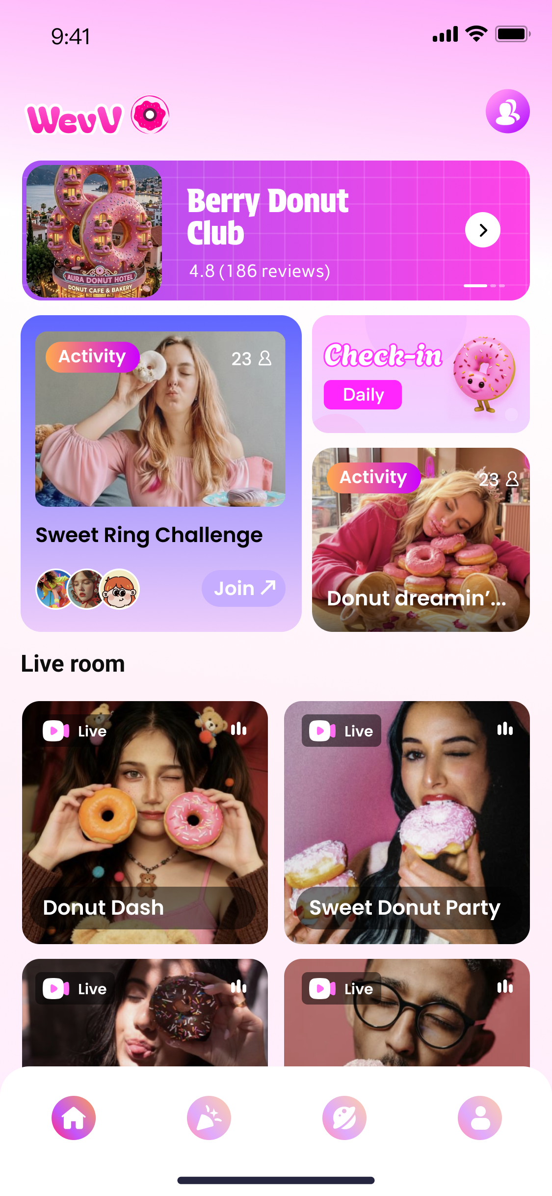 WevV home page showing donut activities, events, and live rooms