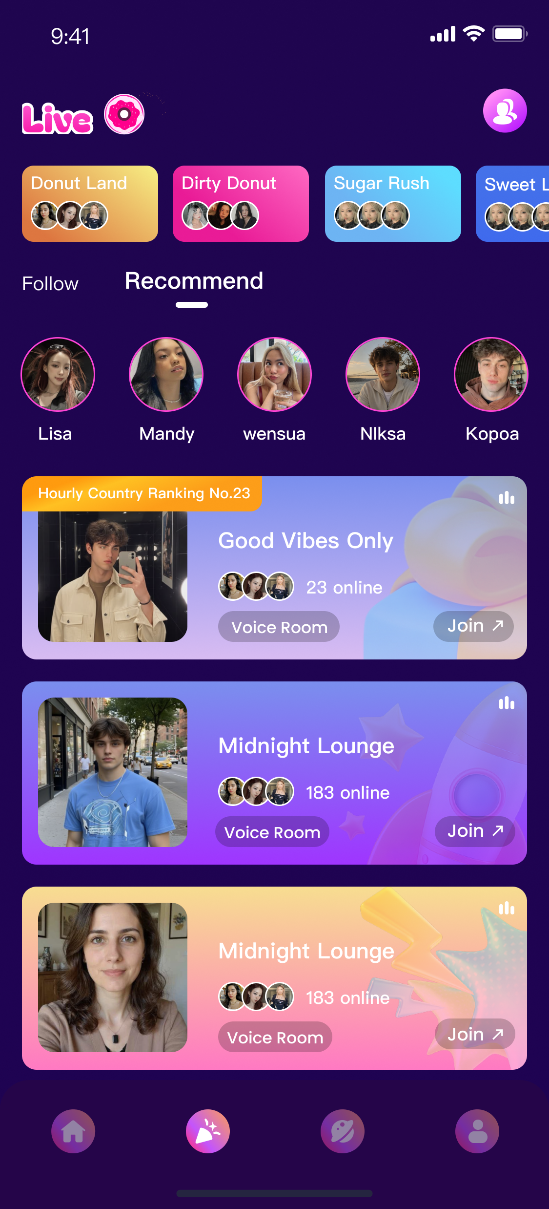 WevV Live page showing voice rooms and active conversations